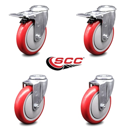 Service Caster 5 Inch Red Polyurethane Swivel Bolt Hole Caster Set with 2 Total Lock Brake SCC-BHTTL20S514-PPUB-RED-2-S-2